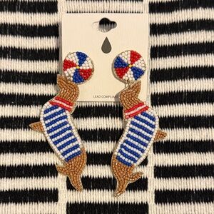 🌻 Beaded Seal with Beach Ball Felt Back Dangle Earrings NWT